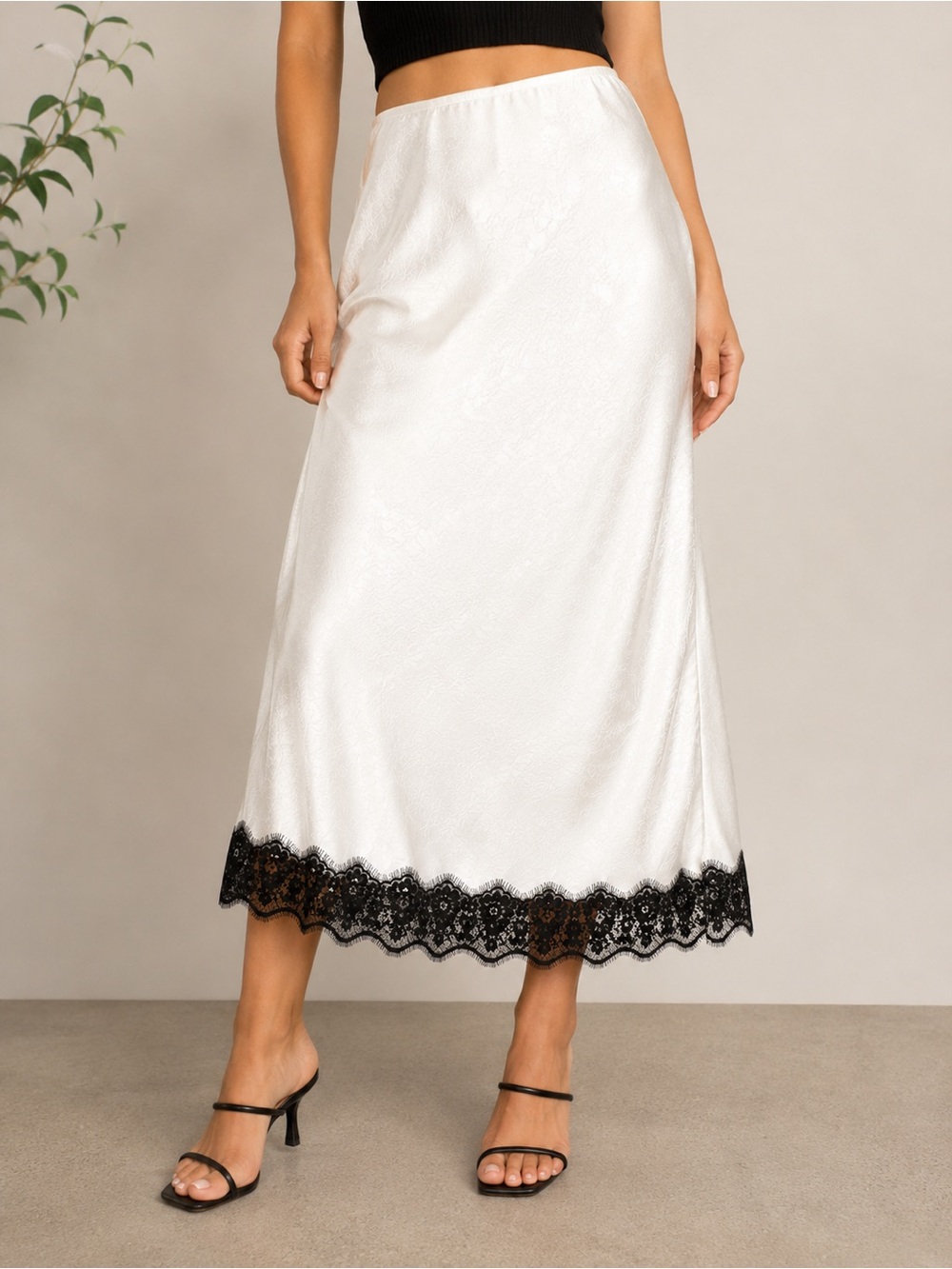 NWT A New Day Ivory Satin Slip Skirt Black Lace Hem Size Small Midi